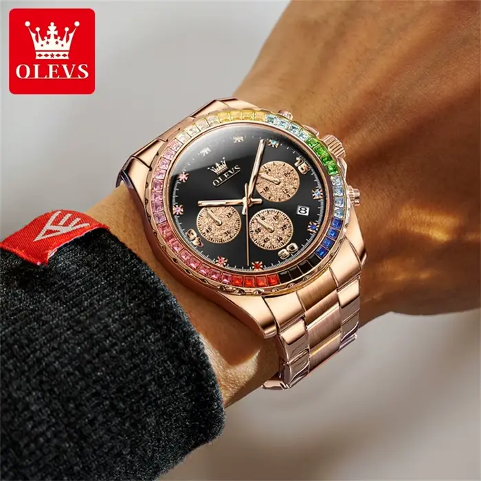 Montre homme OLEVS arc-en-ciel pierre précieuse lunette affichage date automatique résistante à l'eau occassions sport et élégance