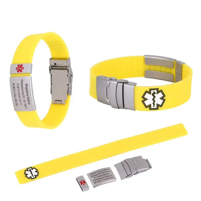 Bracelet d'alerte médicale personnalisé plaqué argent silicone ajustable pour homme femme sport sécurité urgences occasions spéciales