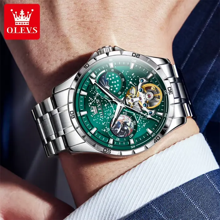 OLEVS volant squelette montre automatique pour hommes lumineux ciel étoilé étanche montre-bracelet d'affaires