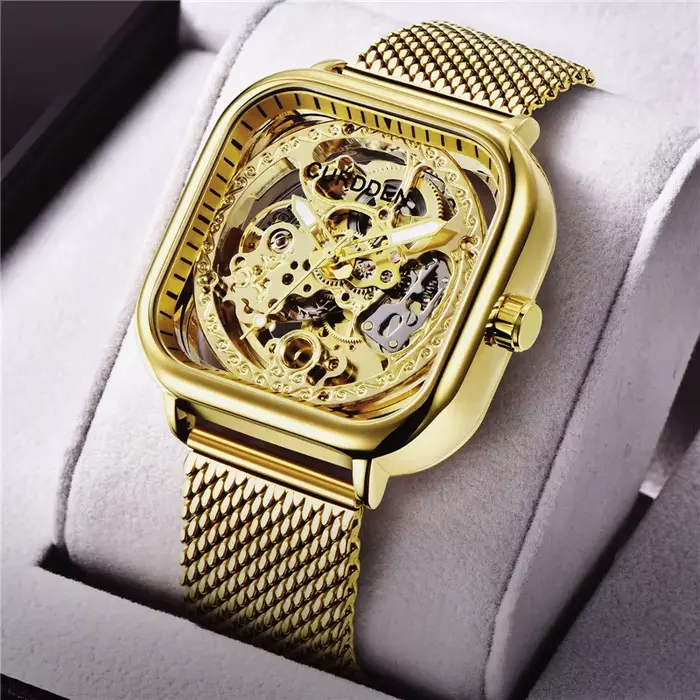 CURDDEN marque montres pour hommes mode bracelet en acier inoxydable doré évider automatique montre mécanique Relogio Masculino Ouro