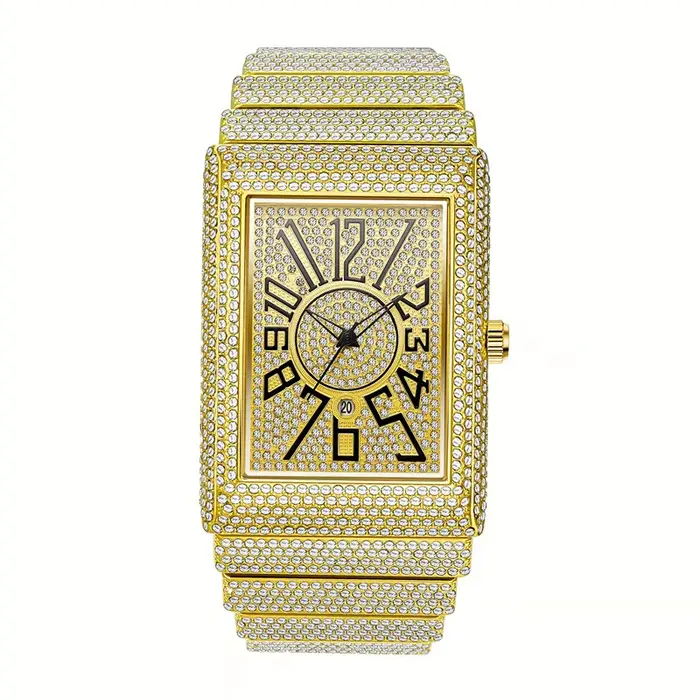 Hommes grande marque montres dorées célèbre luxe Hip Hop diamant Date montres à Quartz rectangulaire