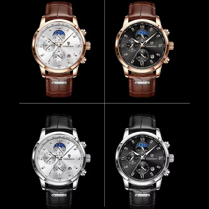 Montre-bracelet à quartz LIGE décontractée avec phases de lune