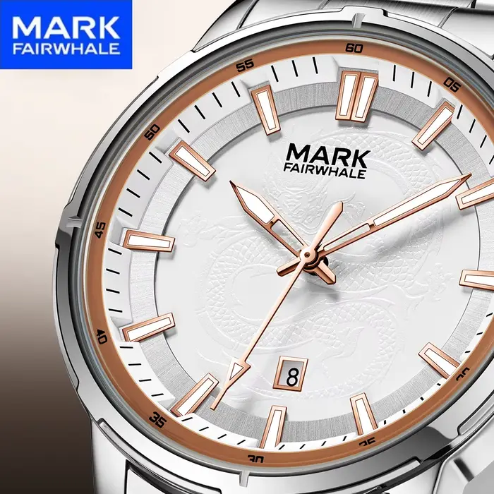 Montre homme MARK FAIRWHALE cadran gravé dragon lumineux montre-bracelet quartz étanche occasionnels spéciaux