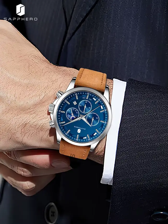 Montre homme Sapphero Sapphire Clock élégante résistante à l'eau bracelet cuir pour affaires voyage polyvalente