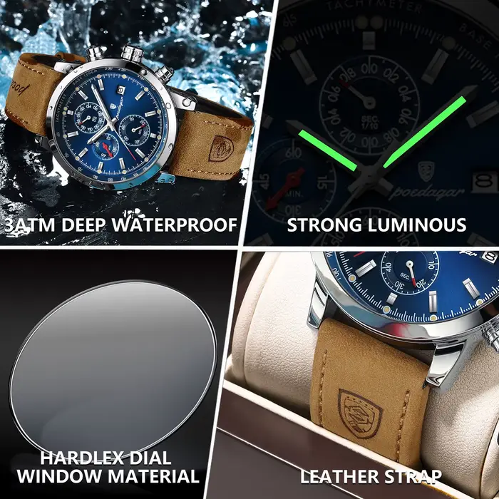 POEDAGAR Original mode homme montre Date chronographe en cuir étanche lumineux hommes