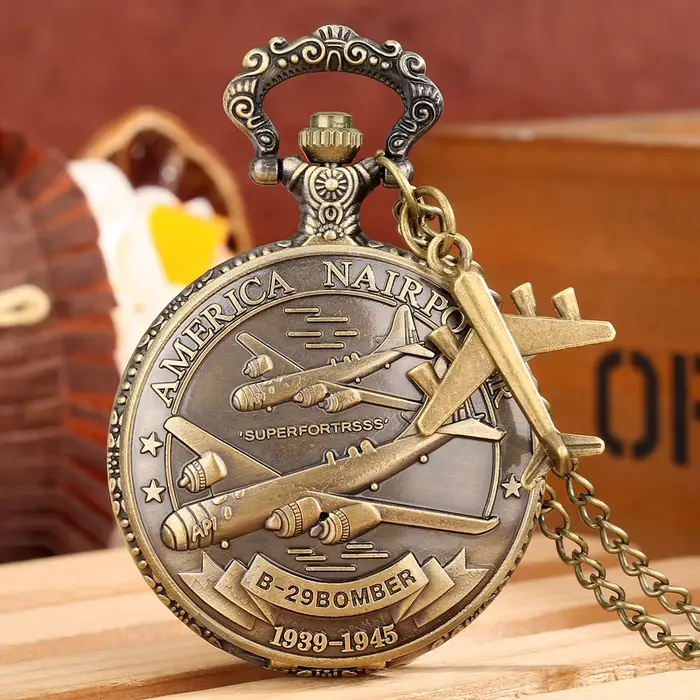 Amérique Nairpower B-29 Avion Quartz Montre De Poche Rétro Armée Militaire Collier JOClock