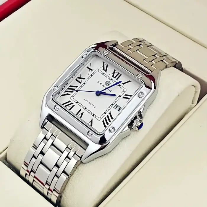 Montre carrée FENSIR avec calendrier complet et bracelet en acier inoxydable pour homme élégant et polyvalent occasions professionnelles et décontractées