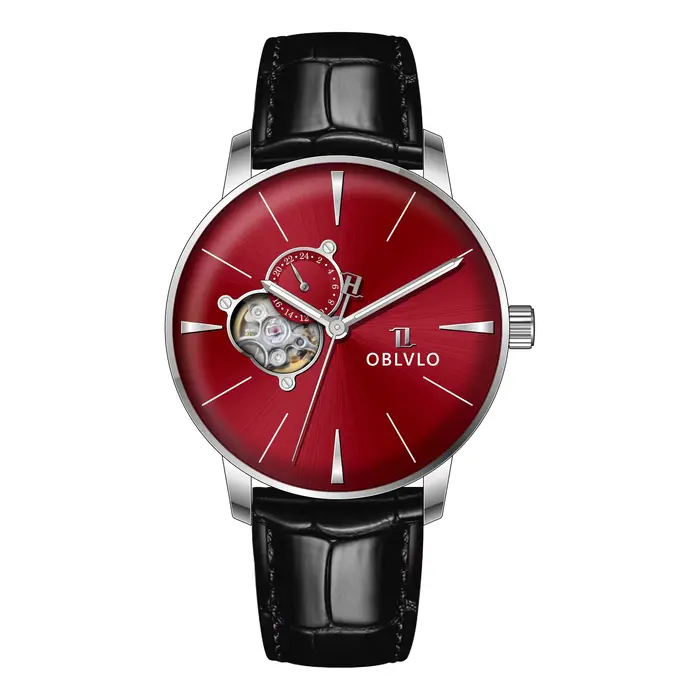 OBLVLO Montre automatique squelette élégante pour homme en or rose 42 mm avec aiguilles lumineuses, 
