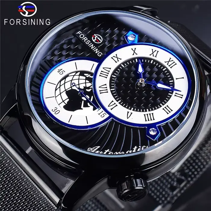 Forsining Top marque 2 yeux hommes squelette automatique montre mécanique mode Style décontracté avec maille en acier unique deuxième entraînement
