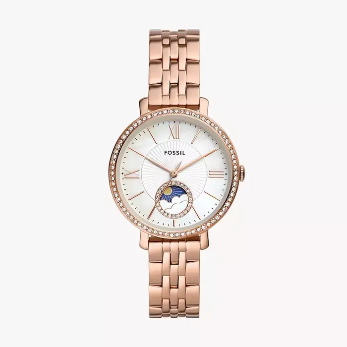 Montre pour femme Fossil ES5165, or rose, acier inoxydable, maille, phases du soleil et de la lune, 