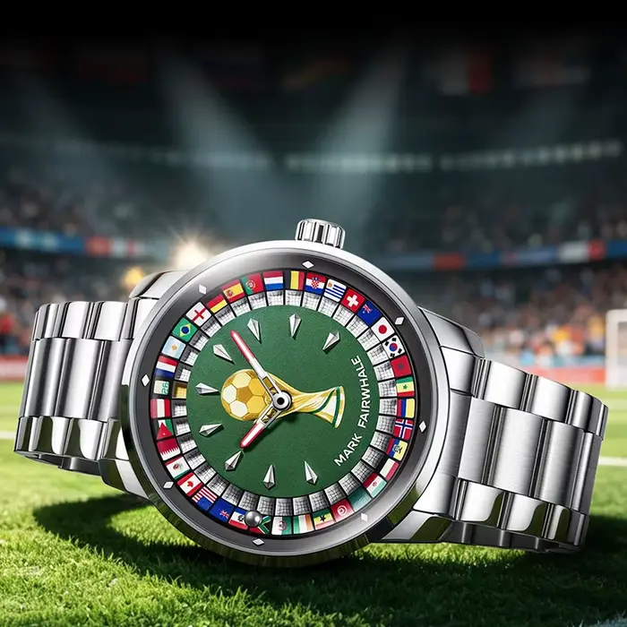 Montre homme MARK FAIRWHALE 5087 avec cadran à dial tournant drapeau, bracelet acier inoxydable, mouvement quartz, résistance à l'eau 3 bars, occasion sportive et quotidienne