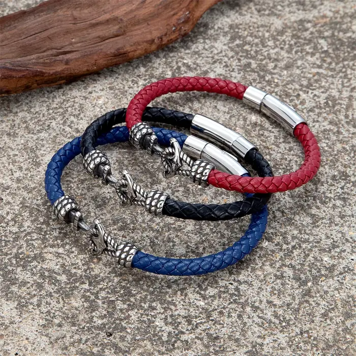 Bracelets d'ancre en cuir tressé noir/rouge/bleu 6mm pour femmes et hommes
