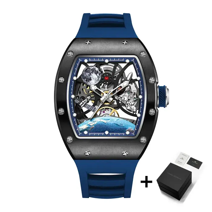 Montre automatique BONEST GATTI style mode et décontracté pour hommes cadran terre lumineux squelette résistante à l'eau pour occasions formelles et décontractées