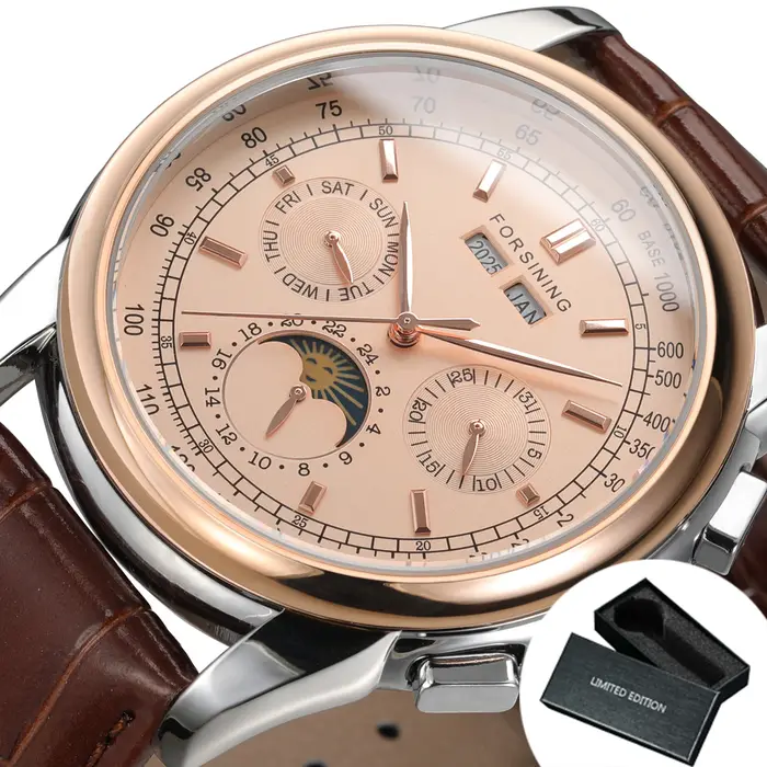 Forsining rétro montres mécaniques Phase de lune mouvement Shanghai boîtier en or Rose bracelet en cuir marron montre