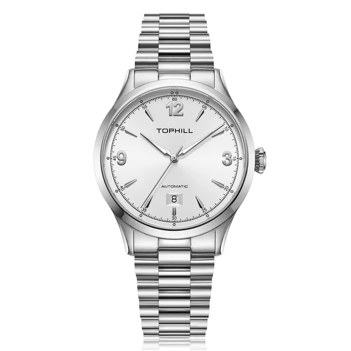 Montre automatique Tophill TW100G avec cadran soleil argenté, bleu, doré, mouvement Miyota 8215, résistance à l'eau 5ATM, bracelet en acier inoxydable 316L, idéale pour occasions professionnelles et cadeaux d'affaires