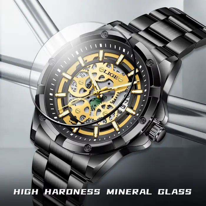Montre Homme LIGE 2026 – Montre-Bracelet Squelette à Quartz Dorée Rétro