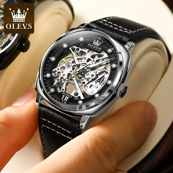 OLEVS 6651 montre automatique pour hommes bracelet en cuir entièrement creux montre-bracelet homme
