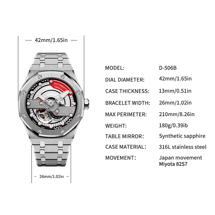 Deesio montre mécanique automatique pour hommes japon mis5 82S7 mouvement boîte en acier inoxydable verre saphir lumineux étanche cadeau