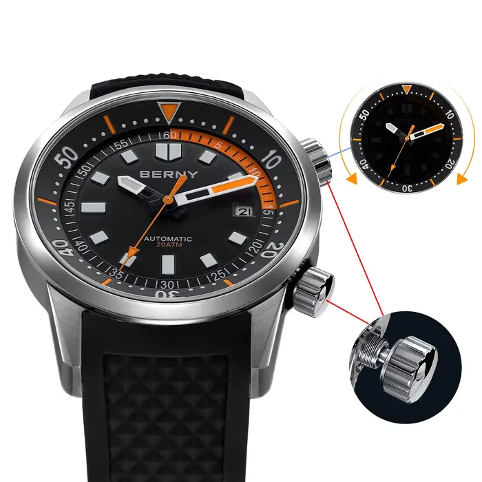 BERNY montres de plongée pour hommes 200M étanche Super lumineux automatique mécanique montre