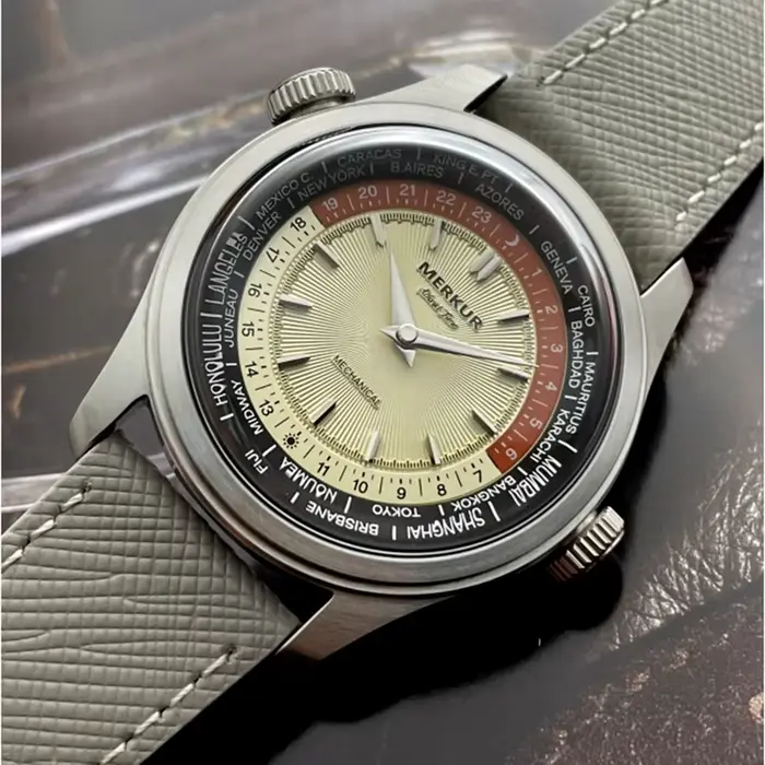 Merkur World Time montre mécanique rétro pour hommes en cuir étanche 38mm Reloj Hombre