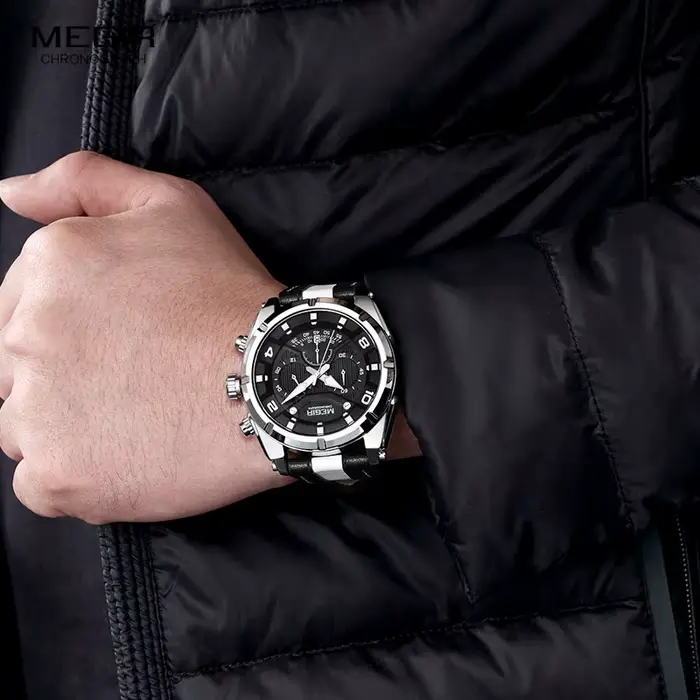 MEGIR mode hommes chronographe montres à Quartz bracelet en cuir aiguilles lumineuses 24 heures sport analogique montre-bracelet pour homme 2076 blanc