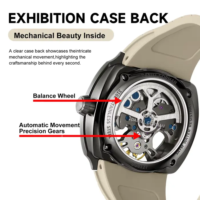 Montre automatique pour homme de haute qualité DANIEL GORMAN avec bracelet en silicone sport élégant