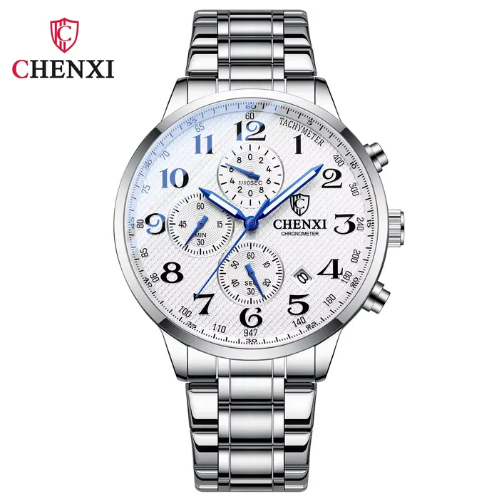 Montre CHENXI en acier inoxydable avec chronographe et calendrier complet pour homme résistante à l'eau et adaptée à tous les styles et occasions