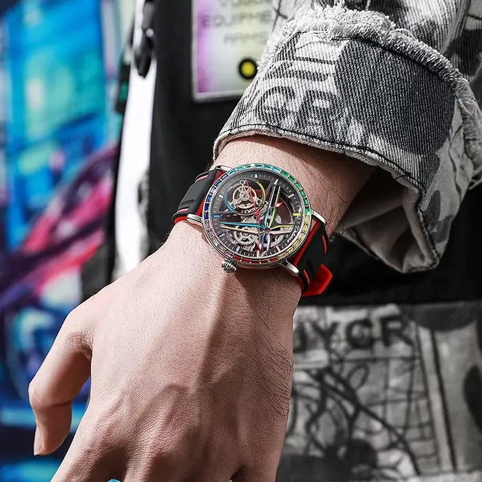 Montre Seton Tourbillon avec pierres précieuses colorées arc-en-ciel pour homme