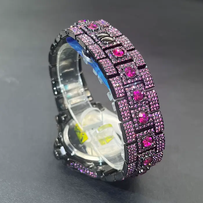 Vente chaude Rose glace montre pour hommes marque de mode MISSFOX Hip Hop plein diamant luxe bijoux Quartz montre-bracelet homme nouveau 2025