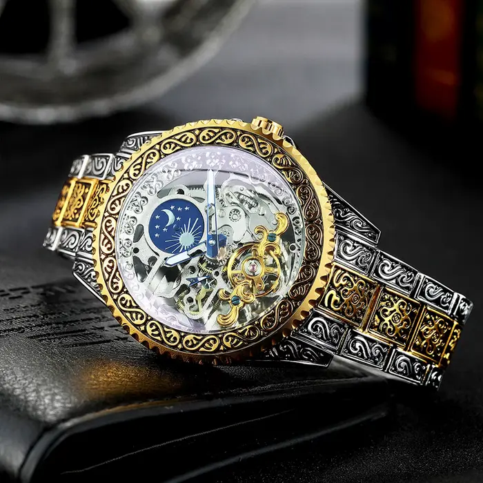 WINNER luxe Phase de lune Tourbillon squelette montres mécaniques or gravé automatique hommes montre bracelet en acier inoxydable lumineux