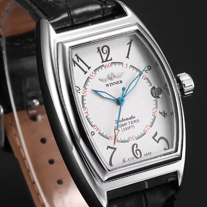 Montre automatique pour homme Winner, date automatique, mécanique, boîtier tonneau style ancien, bra
