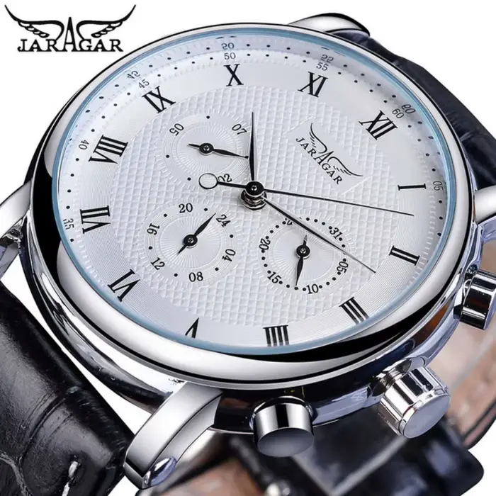 JARAGAR 1166 montre mécanique automatique pour hommes Six aiguilles chiffres romains cadran bracelet en cuir véritable semaine Date montres d'affaires