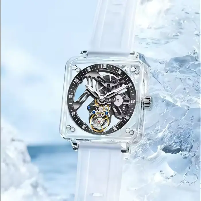 PINDU véritable Tourbillon mouvement saphir miroir hommes montres boîtier Transparent bracelet en caoutchouc étanche