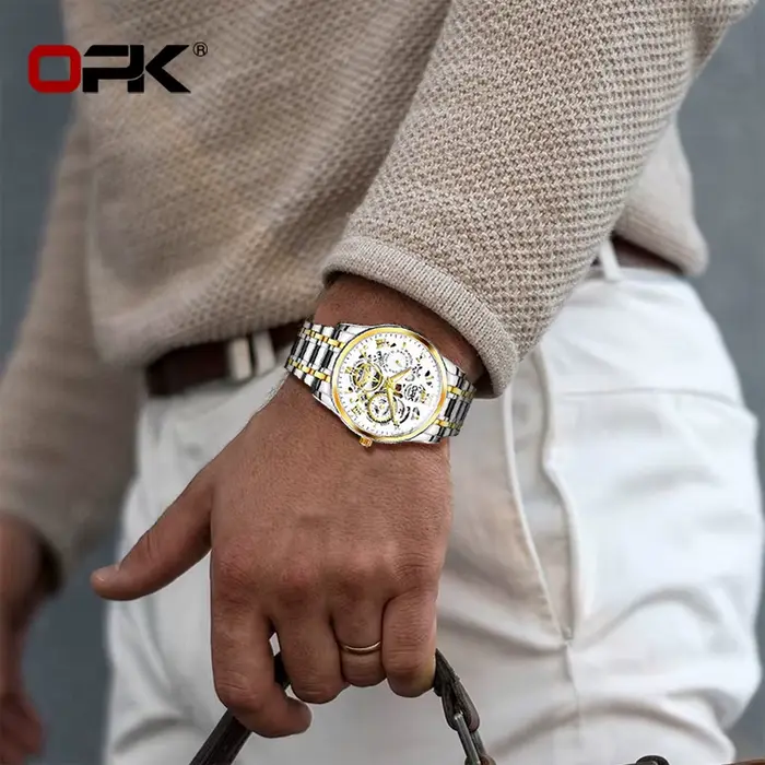 Montre OPK pour Hommes Bracelet Acier Lueur Nocturne Résistante à l'Eau Occasions Spéciales Casual Elegant