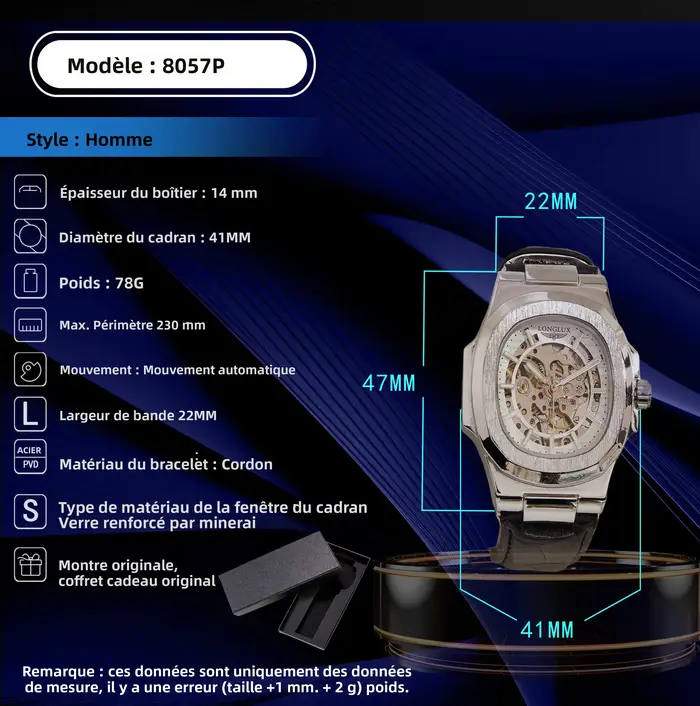 Montre automatique LONGLUX pour homme avec mouvement squelette et résistance à l'eau pour les occasions spéciales et le quotidien