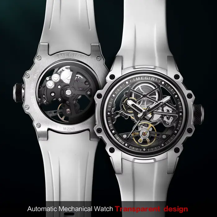 Montre mécanique MEGIR à cadrain squelettique avec bracelet en silicone pour homme, résistante à l'eau, style mode et casual