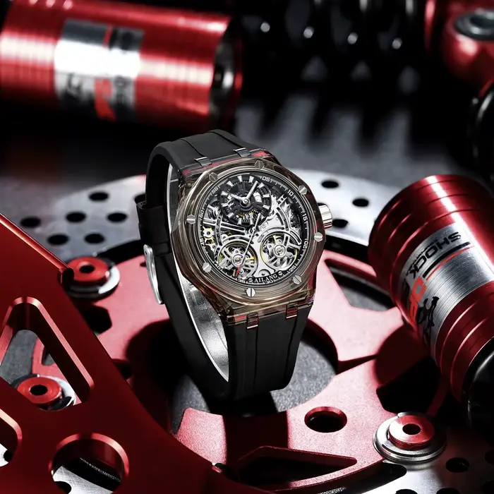 Blanc Double Tourbillon hommes montres de luxe automatique montre mécanique en caoutchouc sport décontracté