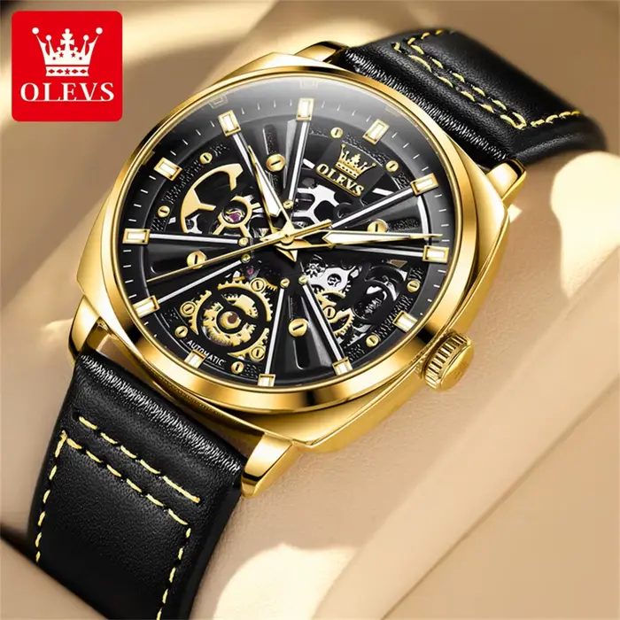 OLEVS 6685 montres pour hommes originales mode boîtier Tonneau creux bracelet en cuir série X marque de luxe montre mécanique automatique pour homme