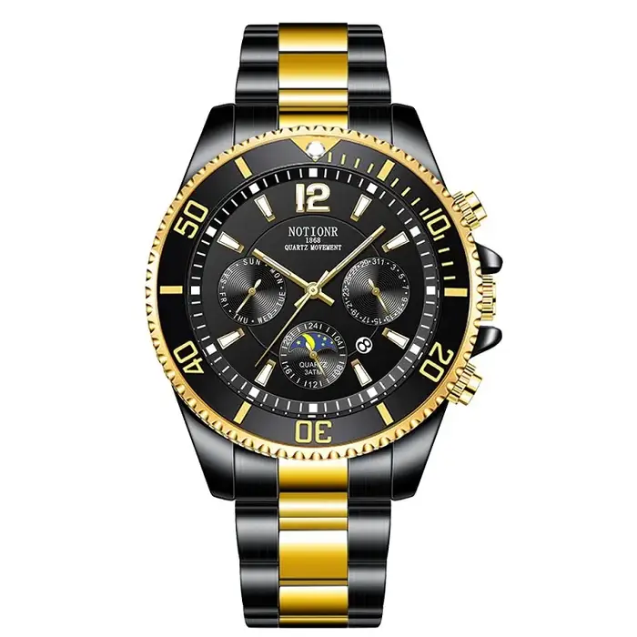 Montre en acier inoxydable Notionr à quartz avec mains lumineuses et calendrier complet pour homme mode et décontracté