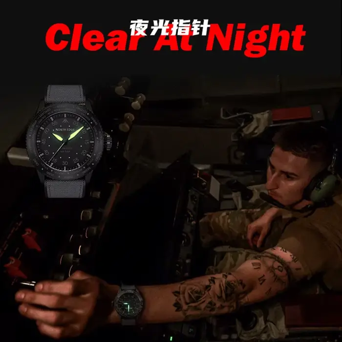Montre à quartz cinétique légère, montre tactique d'extérieur, boîtier en alliage, diamètre 43 mm, épaisseur 14 mm, bracelet en nylon, étanche jusqu'à 50 mètres