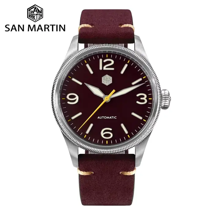 Montre San Martin 38.5mm NH35 Automatique Étanche avec Bracelet en Cuir Suédé pour Occasions Spéciales Robuste et Élégante