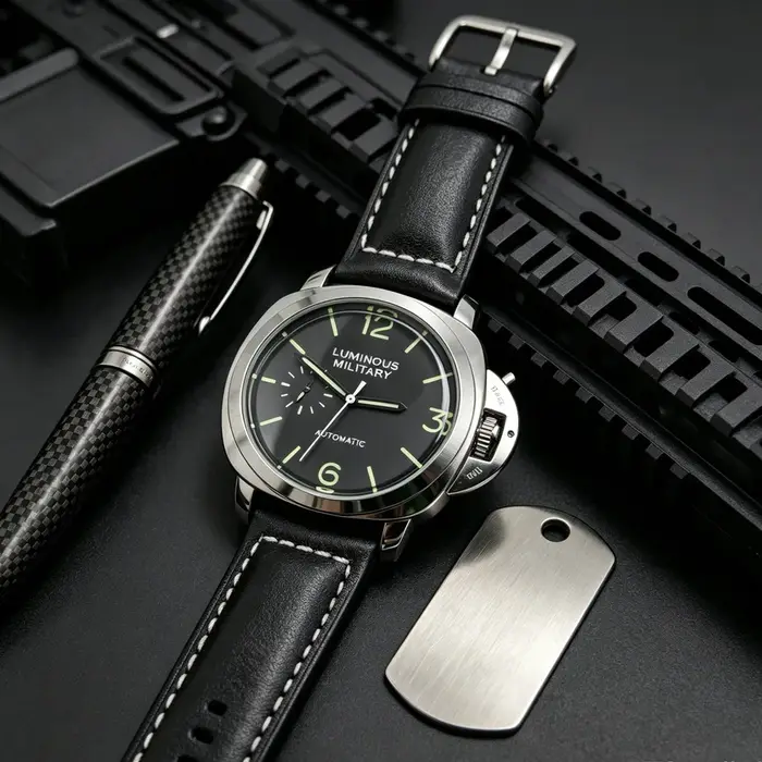 Montre classique homme cadran lumineux automatique militaire cuir véritable argent brun occasionnels élégance