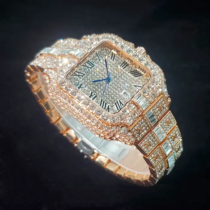 Montre Luxe en Or Rose Iced Out Quartz pour Homme Occasions Spéciales Mode Hip Hop Élégante à Offrir