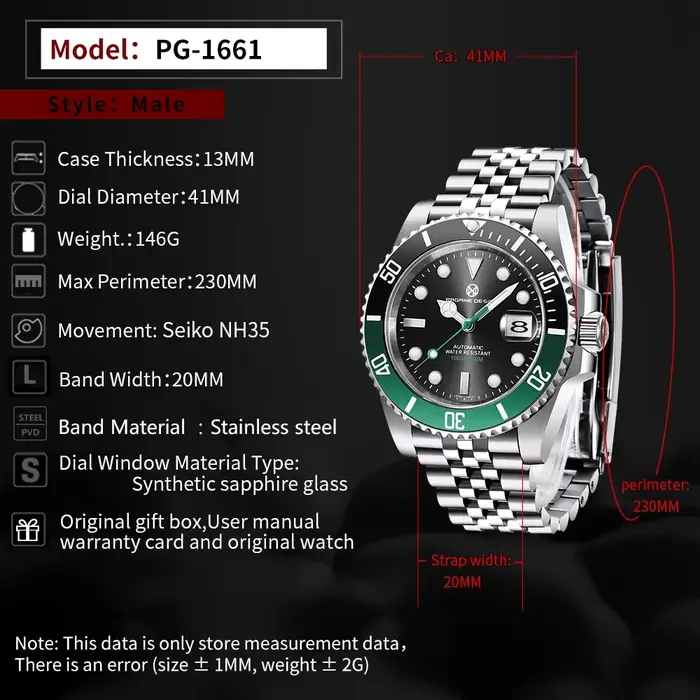 PAGRNE DESIGN NH35 montre mécanique automatique 41mm saphir cristal acier inoxydable étanche 10Bar