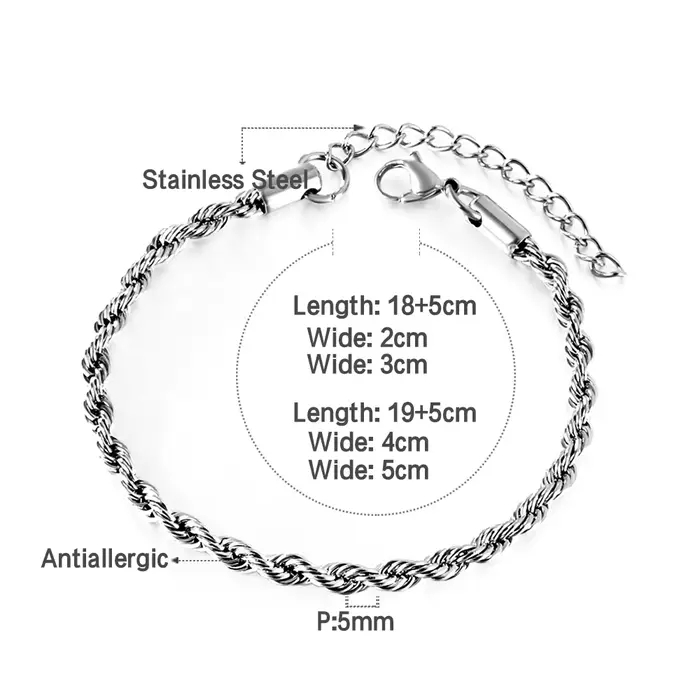 Bracelet de luxe à maillons en corde torsadée, 2/3/4/5mm, pour femmes et hommes, poignet en acier in