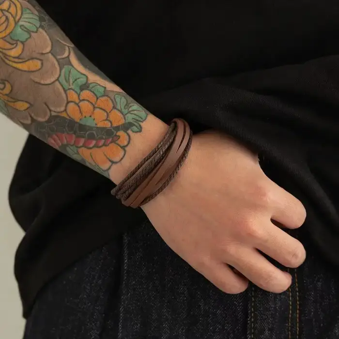 Vintage marron cuir Bracelets pour hommes Simple mode multicouche tressé corde chaîne bracelet mâle nouveaux bijoux