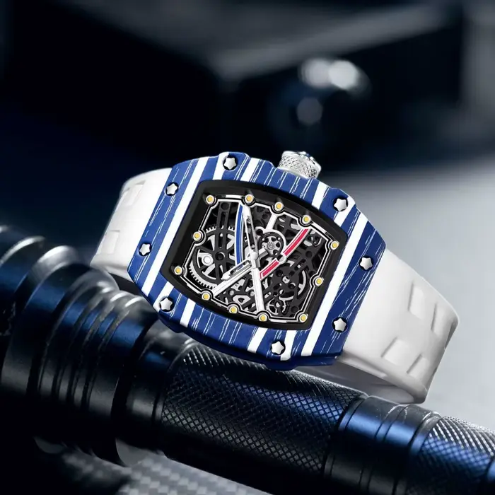 Montre Classique Tonneau à Quartz pour Homme, Cadran Peint Coloré, Tendance Ultra-Mince, Creux, Originale, Montre Homme Mode avec Date, Relogio