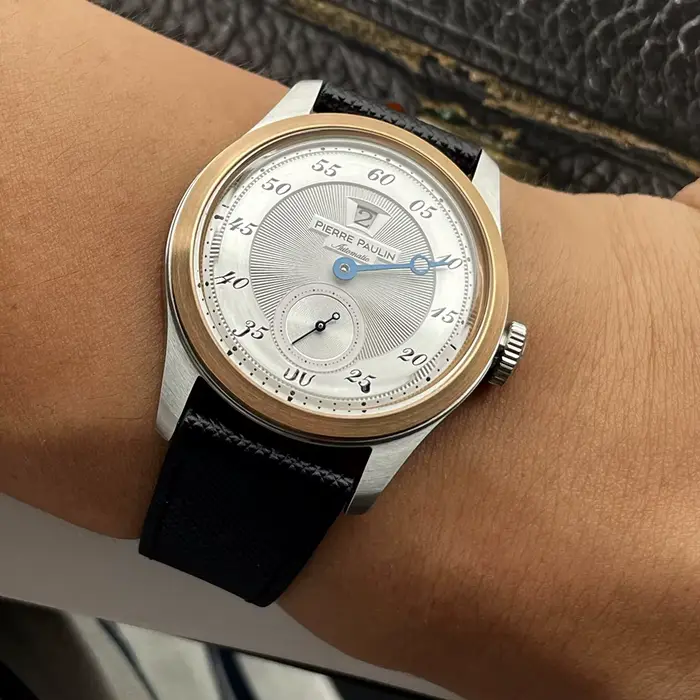 Montre en acier inoxydable et cuir avec lunette en bronze saumon, mouvement automatique, fenêtre date, résistance à l'eau 50m, pour homme, occassions spéciales et quotidiennes