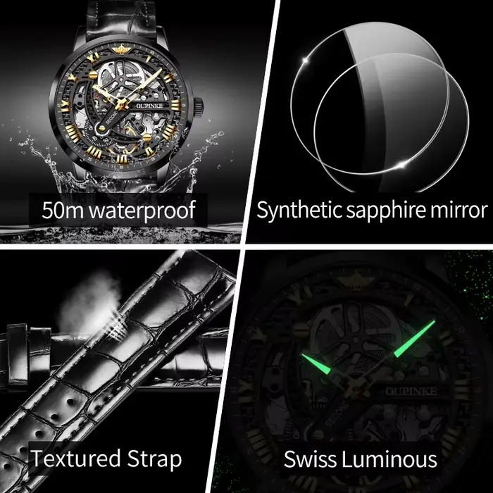 Montre-bracelet OUPINKE 3173 en acier inoxydable avec bracelet en cuir pour homme, luxe, chronographe, résistance à l'eau, design squeletté, affichage romain
