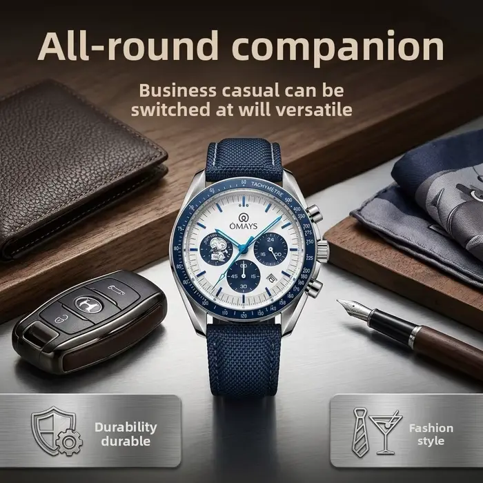 Montre chronographe sport de luxe OMAYS Limited 50e anniversaire avec bracelet en nylon bleu - Classique haut de gamme pour homme